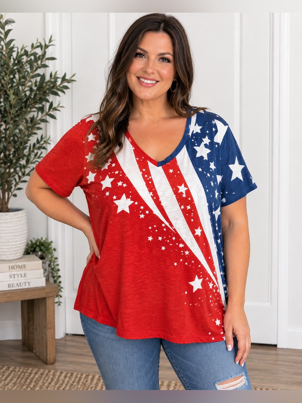 NWT ShallWe Patriotic American Flag V-Neck Top – Size XL